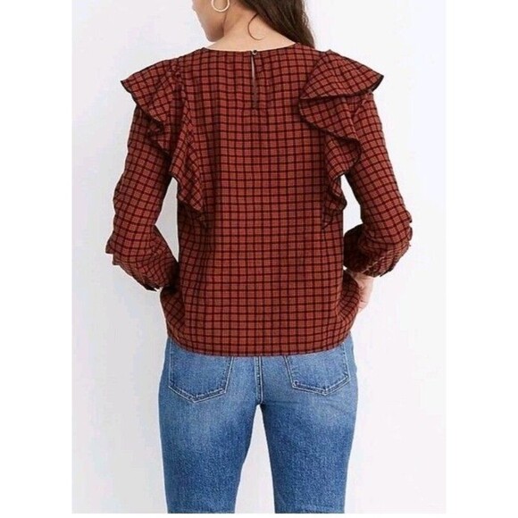 Madewell Ruffle Front Plaid Blouse Top Women's Small Burnt Orange Fall Prairie - Picture 3 of 9